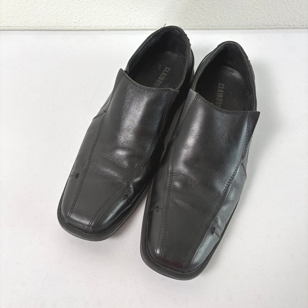 Claiborne Loafers Mens 9.5 Black Leather Square Toe Slip On Dress Shoes EG-9559